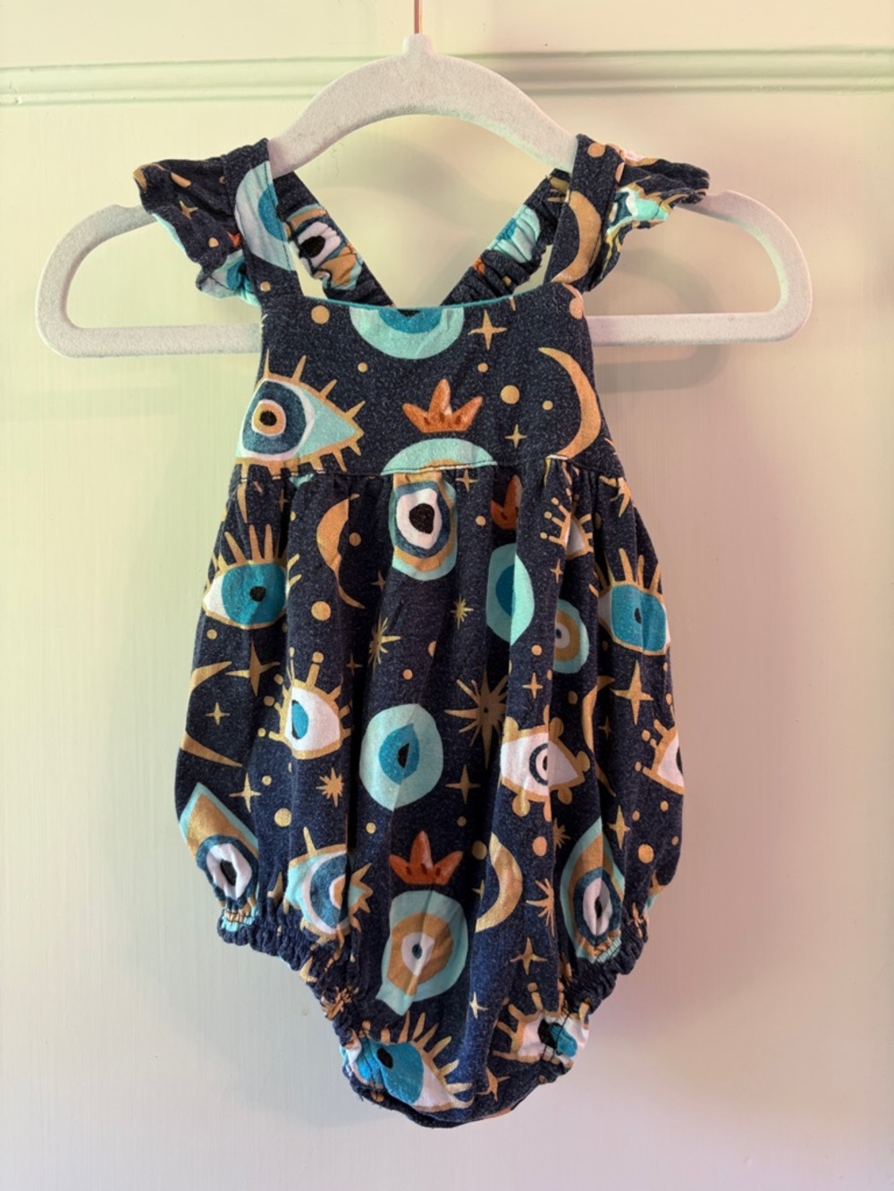 Posh Peanut Fiona Evil Eye Blue and Gold Baby Girls Romper Bamboo 3-6 months